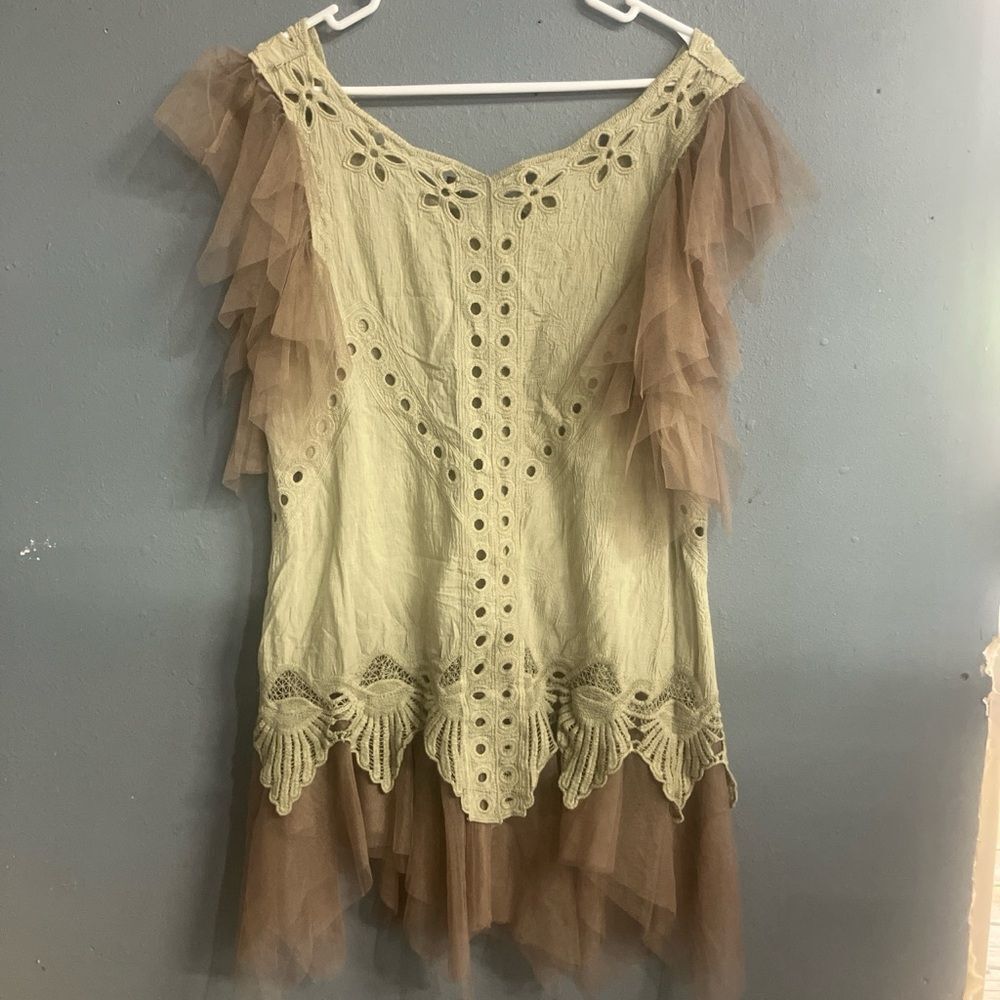 Elegant cream and tan tulle eyelet fairycore whimsygoth tinkerbell tunic M/L #73
